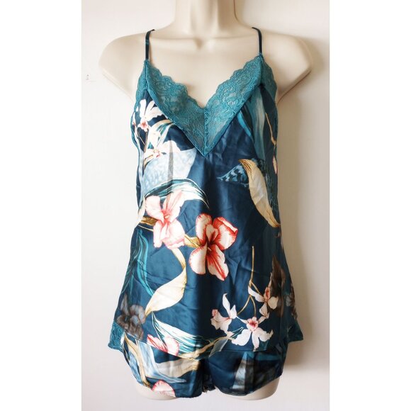 NWT $58 Linea Donatella Floral Satin Camisole Tap Shorts Pajama Set L Tropical - Picture 4 of 6